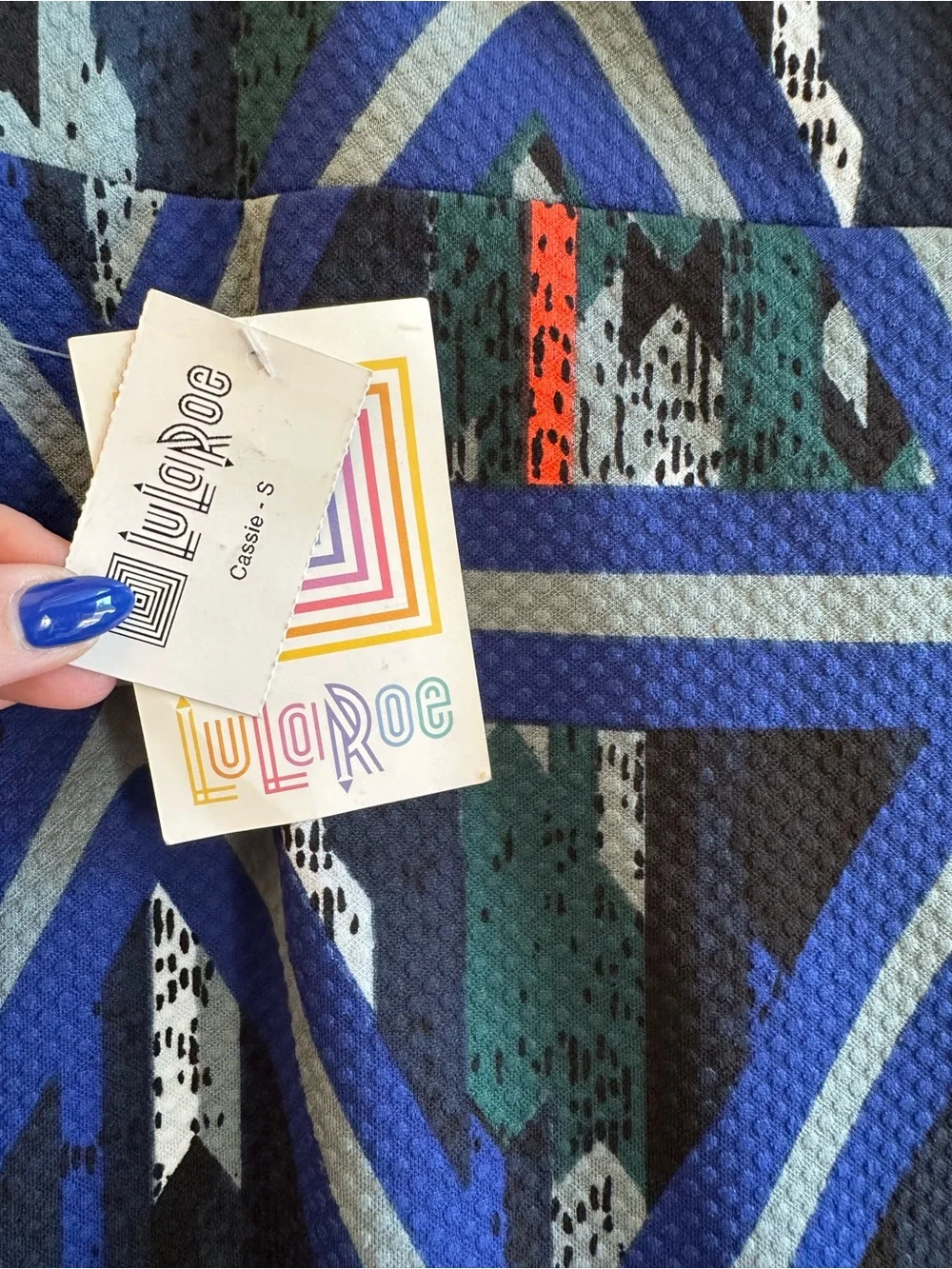 LuLaRoe Cassie Blue Geometric Pencil Skirt with Teal and Coral Accents